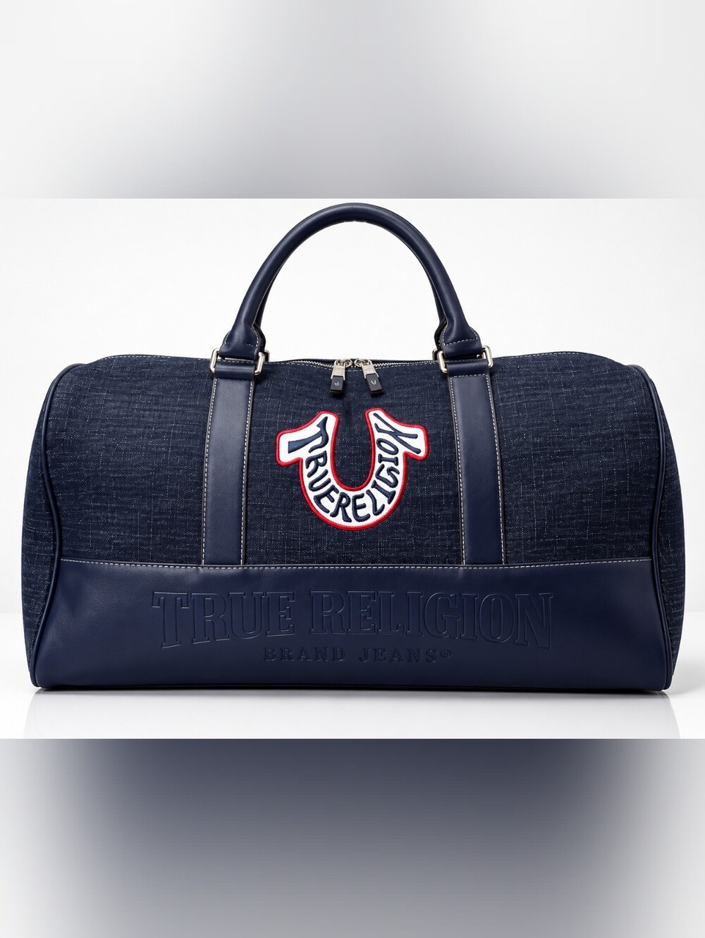 🆕True Religion Horseshoe Denim Duffle Bag Unisex Travel Weekender Navy Blue NWT